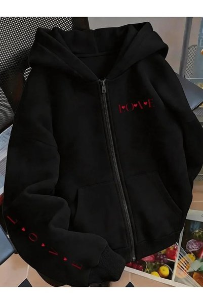 LOTS MODA Cardigan - Black Printed Winter Oversized Hooded Zippered Pocketed ...