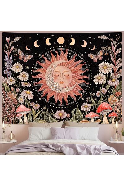 Generic Boho Sun and Moon Vintage Pink Daisy Floral Tapestry 48x36 Inch