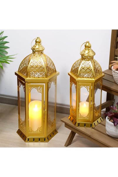 Generic Set of 2 Outdoor Candle Lanterns 22"&17" H Decorative Vintage Metal C...