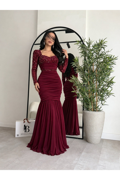 TOP BERLANTY فستان سهرة طويل بلون خمري فاخر بتصميم حورية البحر وتطريز براق