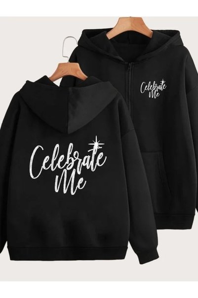 LOTS MODA Cardigan - Black Printed Winter Oversized Hooded Zippered Pocketed ...