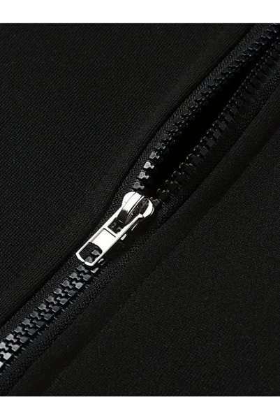 LOTS MODA Hırka - Siyah Baskılı Kışlık Oversize Kapüşonlu Fermuarlı Cepli Hırka Unisex giyim