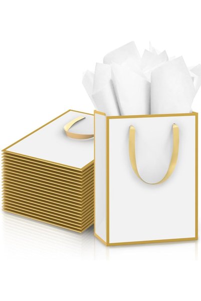 Generic أكياس هدايا بمقابض وورق تغليف، حافة ذهبية، مقاس 22 × 16 × 8 سم، أكياس...