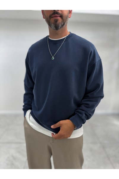 BYBASICMAN Hanorac oversize albastru închis, spălat, din gama basic TW-7088
