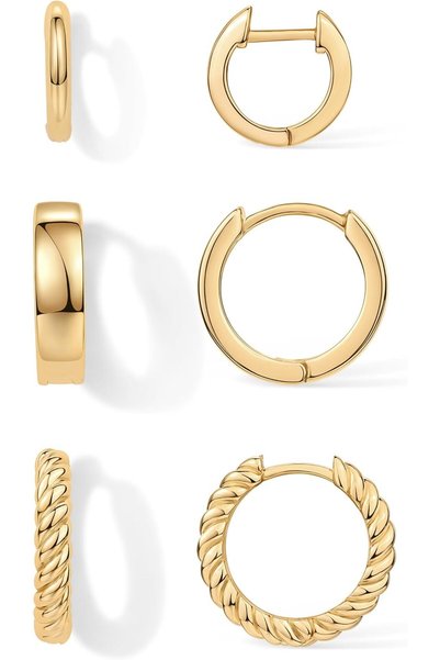 Generic Three Pairs Small Hoop Earrings Set for Women 14K 18K Yellow Gold Pla...