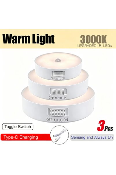 Choice ضوء ليلي LED قابل لإعادة الشحن بثلاث قطع، أبيض دافئ، مع مستشعر حركة، م...