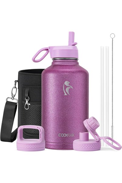 Generic Water Bottle Insulated with 3 Lids, 1.9 Liters, Glitter Pink