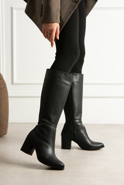 SEFERİ Women's Black Leather Classic Mid-Heel Boots