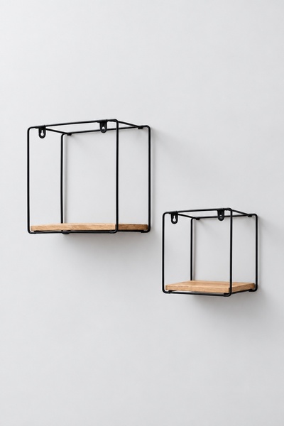 BLACK Set 2 Rafturi Pătrate pentru Perete BLACK, MDF și Metal