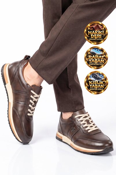 Castle Black Coffee Genuine Leather Lace-Up Men's Casual Sneakers 42172