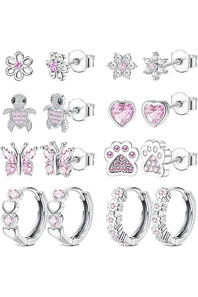 Generic 8 Pairs 925 Sterling Silver Stud Earrings Set Hypoallergenic Pink Hea...
