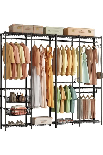 Generic Heavy Duty Garment Rack with Adjustable Shelves(Style K-Black)