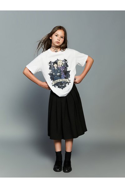 LC Waikiki Alita City Lcw Kids White Oval Collar Wednesday Printed Girls' T-S...