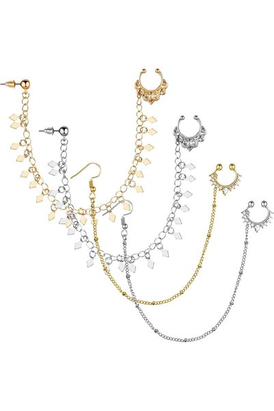 Generic Nose Ring Hoop Chain, Fake Diaphragm Ring Non-Pierced Ear Chain with ...