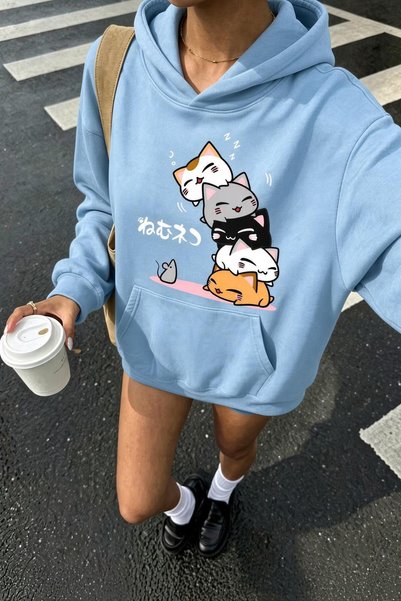 Oksit Sw Anime Cat-Print Oversized Sweatshirt, Women's Hooded Top with Brushe...
