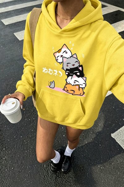 Oksit Sw Anime Cat-Print Oversized Sweatshirt, Women's Hooded Top with Brushe...