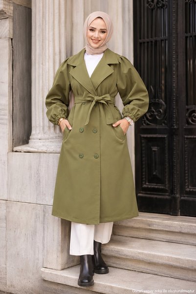 hafsamina Khaki Belted Trench Coat with Shoulder Detail and Pile, HM2985