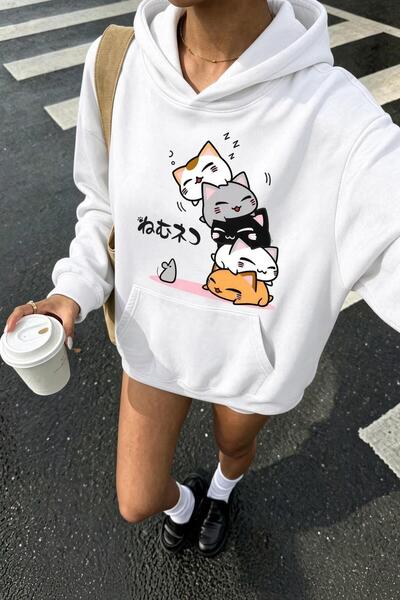 Oksit Sw Anime Cat-Print Oversized Sweatshirt, Women's Hooded Top with Brushe...