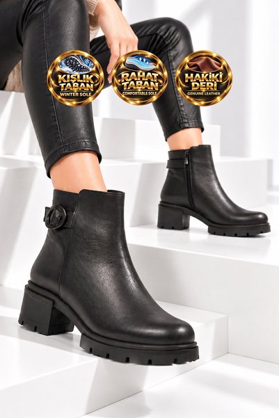 AYAKMOD Black Genuine Leather Women's Zip-Up Boots with Buckle Detail and Fle...