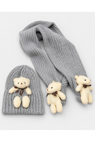 PIECE SIGNATURE Unisex Baby Teddy Bear Print Knit Beanie and Scarf Set (Ages ...