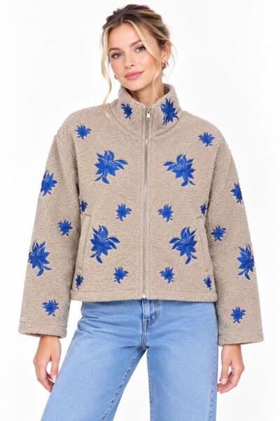 Benedetto New Season Women's Floral-Embroidered Plush Jacket with Zipper, Moc...