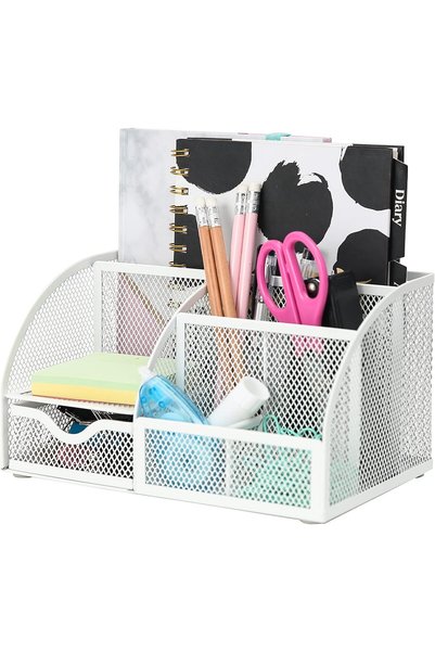 Generic Desk Organiser 7 Compartments Metal Mesh Pen Holder Caddy White