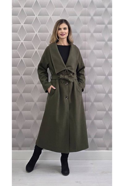 GLAMSI Palton elegant Tatiana, lung, cu guler lat, centură și croi relaxat - ...