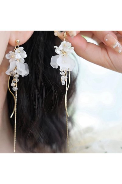 Generic White Flower Dangle Earrings, Long Threader Chain Tassel Drop Earring...
