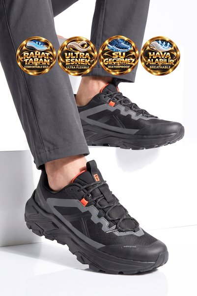 GORNORNIE Black Waterproof Men's Outdoor Trekking Shoes with Laces and Non-Sl...