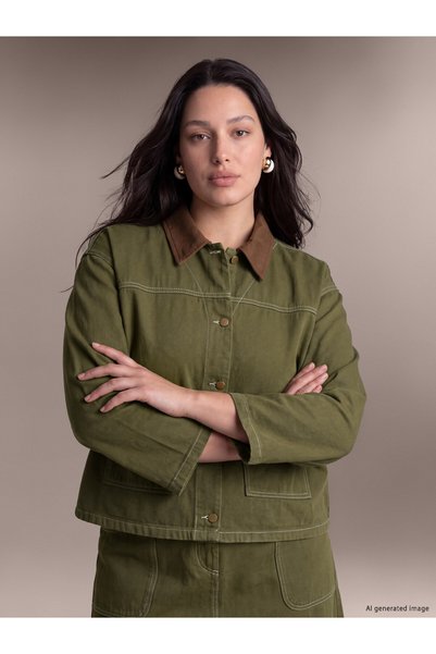 LC Waikiki LCW Curve Khaki Denim Straight, Loose & Oversized Women's Jean Jac...
