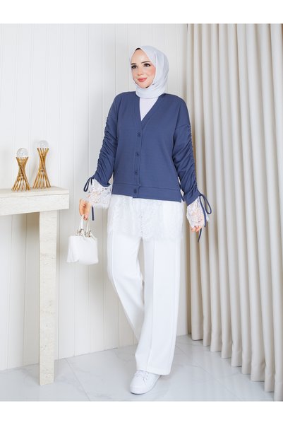 moda periy كارديجان بأكمام مزينة بالدانتيل وأزرار ورباط.