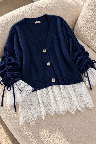 İmajButik Navy Blue Knitted Cardigan with Lace-Trimmed Sleeves and Ruched Hem