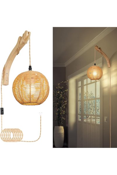 Generic Bamboo Lantern Plug in Wall Sconces Wicker Wall Lamp, Vintage Wall Sc...