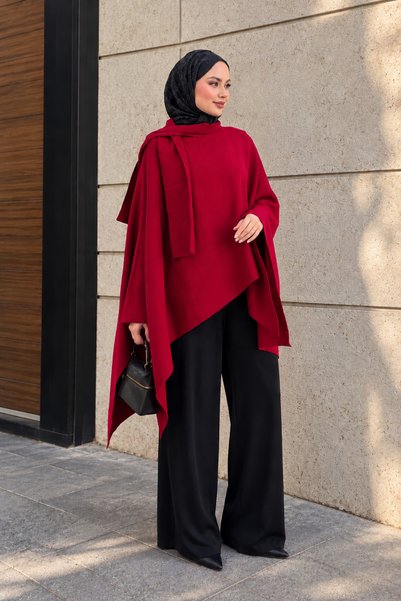 İmajButik Red Casual Knit Poncho