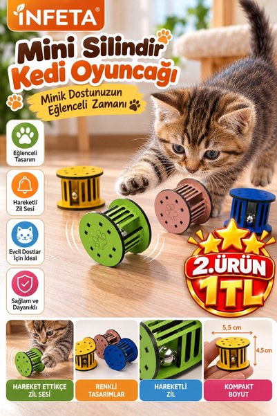 İnfeta 5.5 x 4.5 cm Paw-Print Cylinder Cat Toy with Bells—Interactive Rolling...