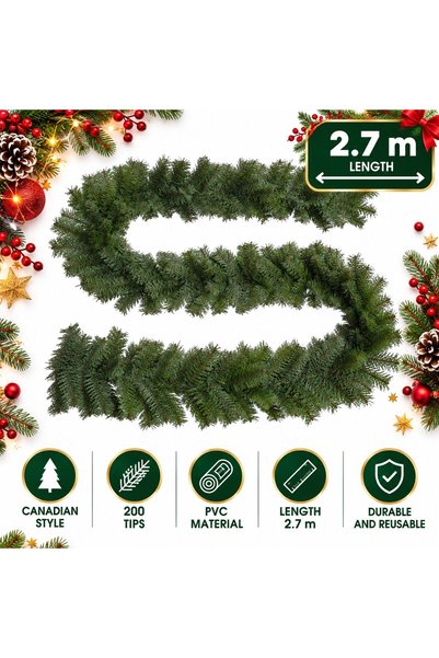 OEM Канадска коледна гирлянда G8-200T, 2.7 м, 200 върха, зелена, PVC, изкуств...
