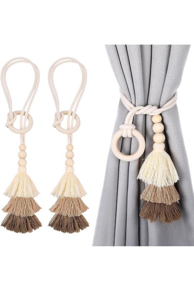 Generic Curtain Tiebacks, 2 Pcs Wooden Bead Tassel Holdbacks, Boho Decorative...