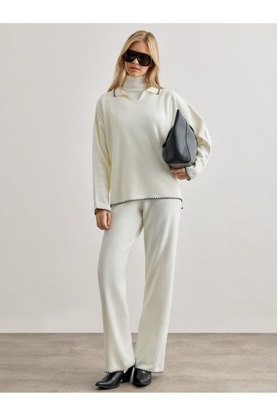 MARLİNG Women's Ecru Oversized Knit Sweater with Black Contrast Stitching and...