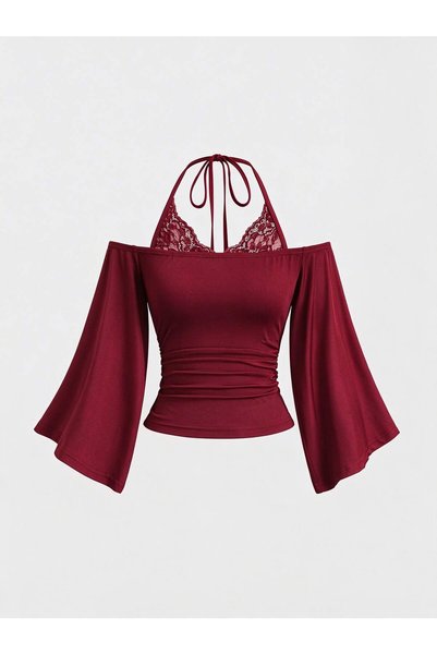 WEEST MODA bordo Madonna Yaka dantel detaylı İspanyol Kol Bluz