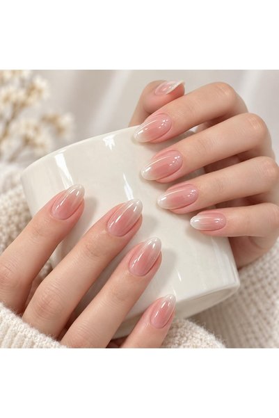 TERRIFI Pink Almond Press On Nails, Short Full Cover Fake Tips, 32Pcs Glossy ...