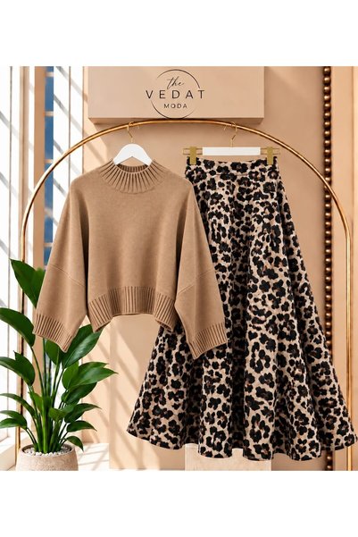MODA VEDAT Women's Knit Blouse and Patterned Scuba Skirt Set -0555 BEIGE