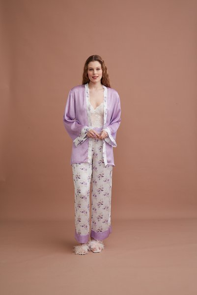 QKK Set de pijamale din satin pentru femei, cu halat, format din 3 piese