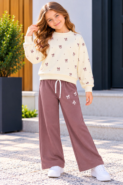 SERPİL Girls' 2-Piece Sweatsuit Set with Bow Detail – Sweatshirt and Wide-Leg...