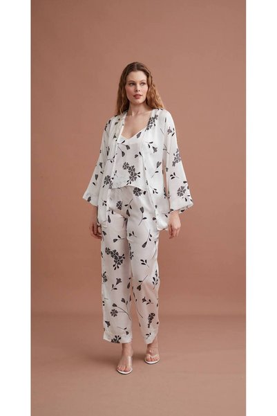 QKK Set de pijamale din satin pentru femei, cu halat, format din 3 piese