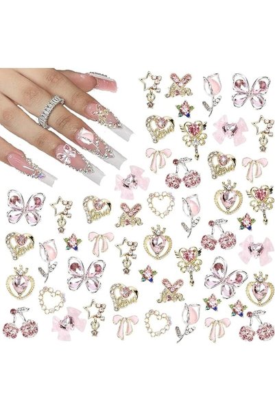 Yelajoy 24PCS Nail Charms with Rhinestones, Y2k 3D Heart Star Bow Cherry Allo...