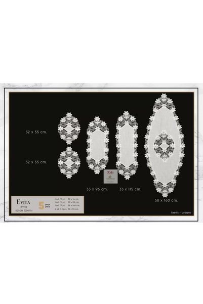 Ceki Home Linen Lace Evita Model Cream-Cream 5 Piece Runner Set Living Room Set