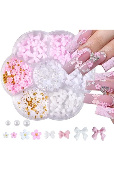 ALMEKAQUZ Nail Charms, Flower Bow Manicure Kit, Pink White 3D Cute Flower and...
