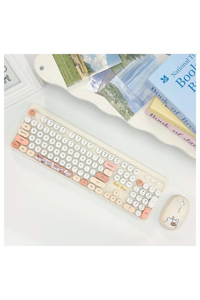 Mofii Hello Bear Kablosuz Klavye Mouse Seti 2.4g Sevimli Ayıcık Desenli Yuvarlak Tuşlu 104 Tuş Renkli Set