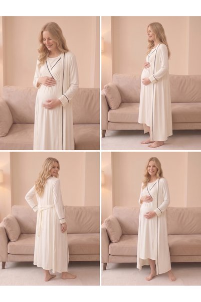 HAFSARA Piped Long-Sleeved Nightgown and Robe Set for Pregnant and New Mothers