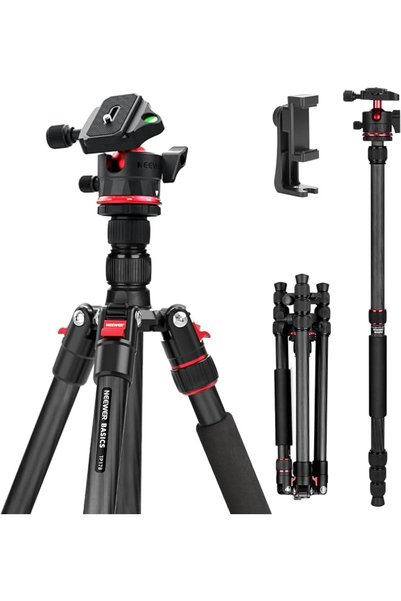 NEEWER Basics Carbon Fiber Travel Tripod Monopod, 64" Compact Lightweight Por...